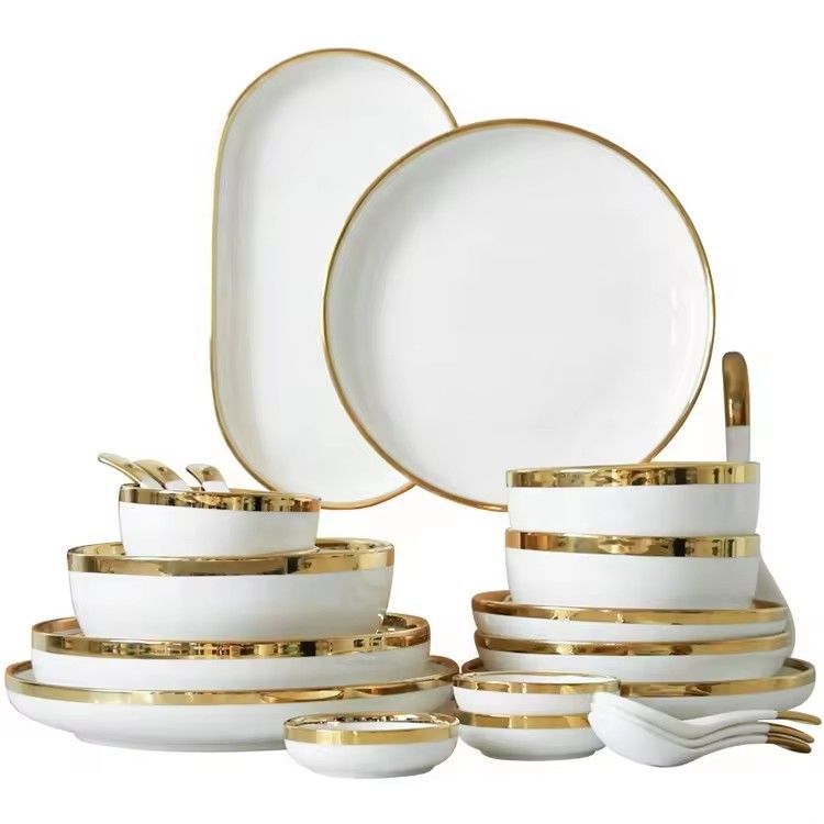 Nordic gold rim best ceramic dishes & plates pearl white porcelain vs ceramic dinnerware sets for dinner