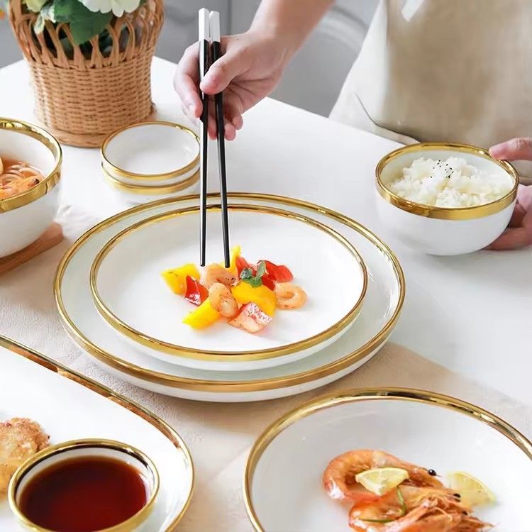 Nordic gold rim best ceramic dishes & plates pearl white porcelain vs ceramic dinnerware sets for dinner