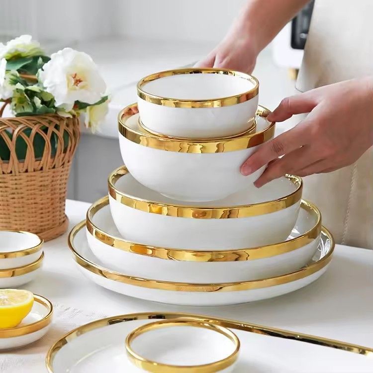 Nordic gold rim best ceramic dishes & plates pearl white porcelain vs ceramic dinnerware sets for dinner