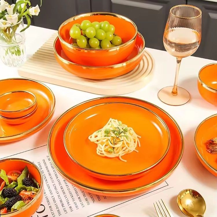 Nordic luxury fine dishes & plates bowls gold rim porcelain dinner set minimalist ceramic dinnerware set