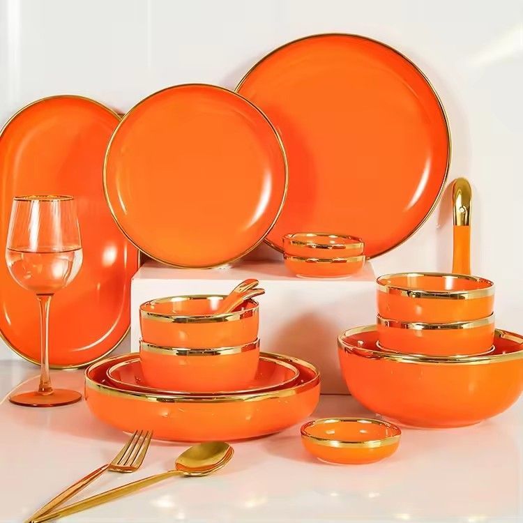 Nordic luxury fine dishes & plates bowls gold rim porcelain dinner set minimalist ceramic dinnerware set