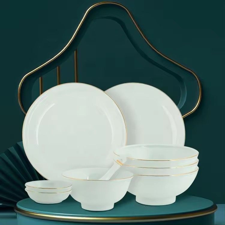 Restaurant hotel supplies pale green gold edge tableware plate bowl dish set ceramic dinnerware dinner sets