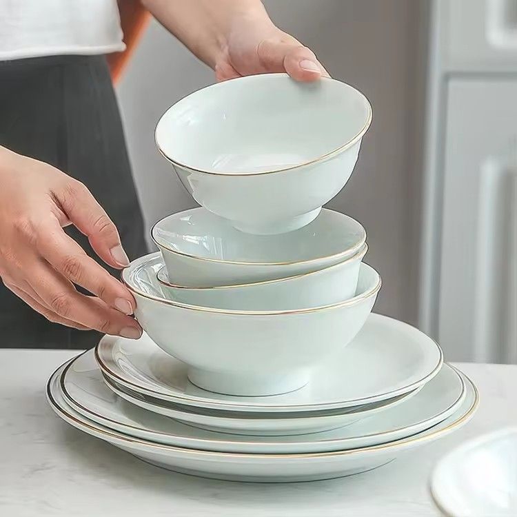 Restaurant hotel supplies pale green gold edge tableware plate bowl dish set ceramic dinnerware dinner sets