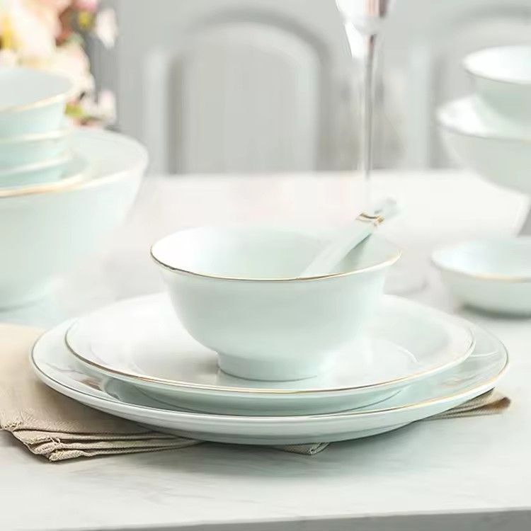 Restaurant hotel supplies pale green gold edge tableware plate bowl dish set ceramic dinnerware dinner sets