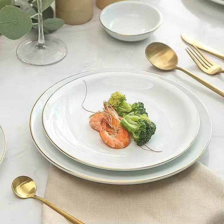 Restaurant hotel supplies pale green gold edge tableware plate bowl dish set ceramic dinnerware dinner sets