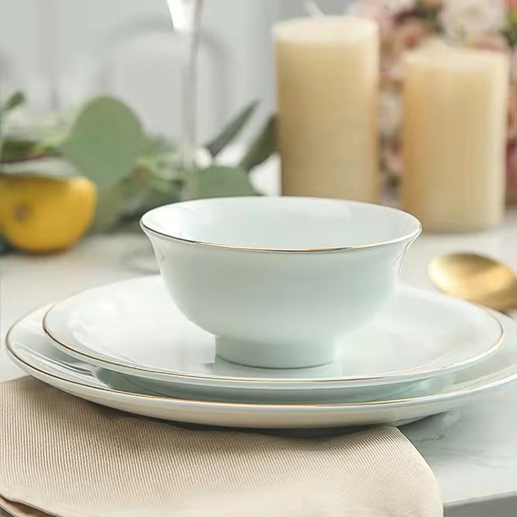 Restaurant hotel supplies pale green gold edge tableware plate bowl dish set ceramic dinnerware dinner sets