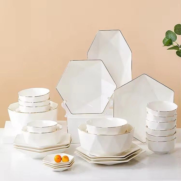 Simple nordic hexagonal ceramic plates and bowls set luxury gold rim ceramic plates dinnerware sets