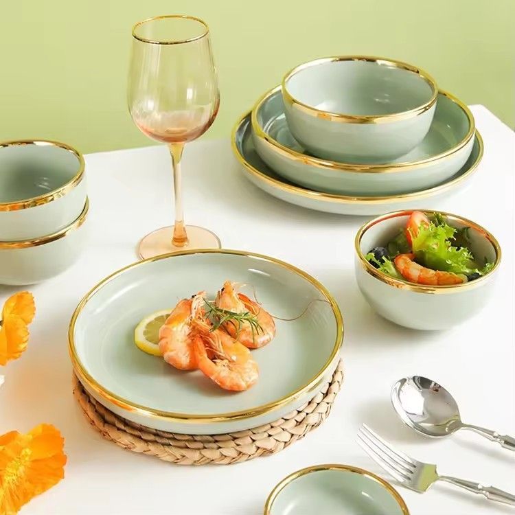 Nordic hotel home 26pcs dinnerware set gold rim matcha green luxury ceramic dinner plates set