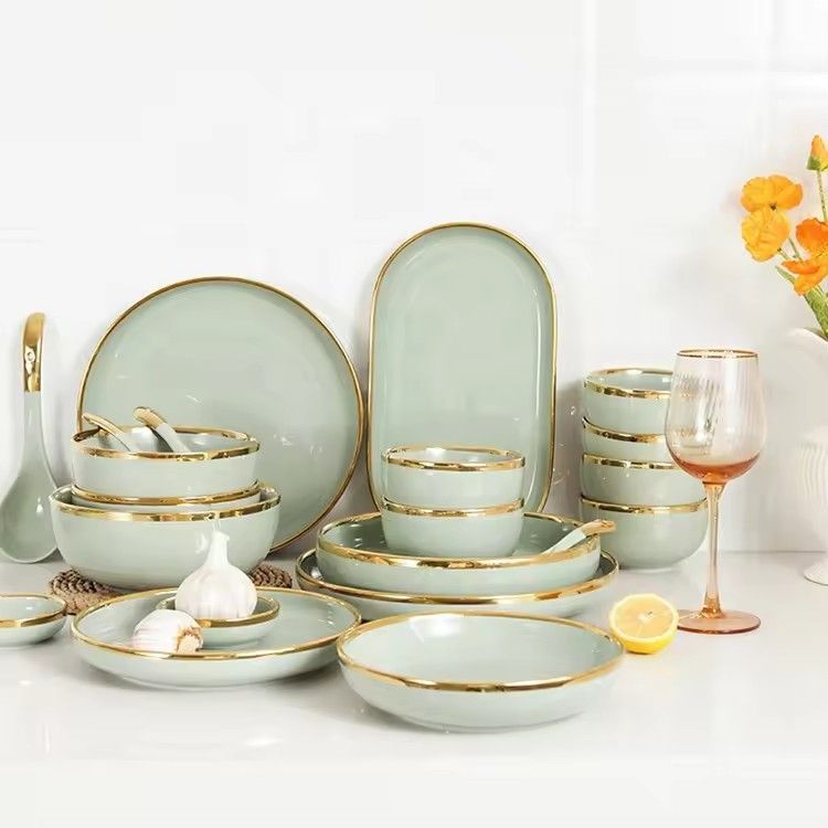 Nordic hotel home 26pcs dinnerware set gold rim matcha green luxury ceramic dinner plates set