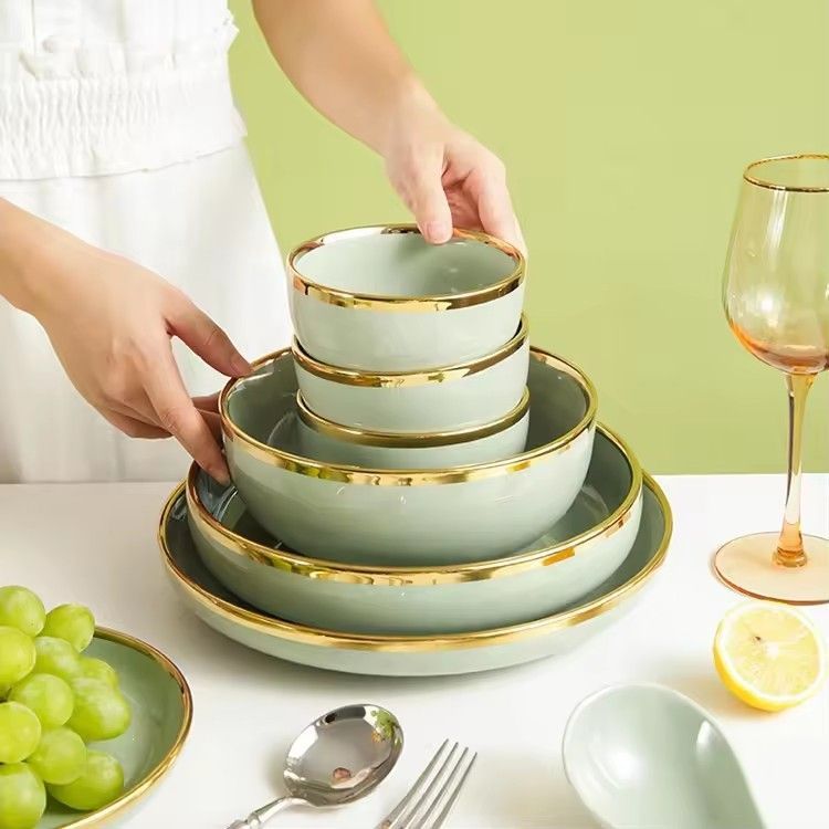 Nordic hotel home 26pcs dinnerware set gold rim matcha green luxury ceramic dinner plates set