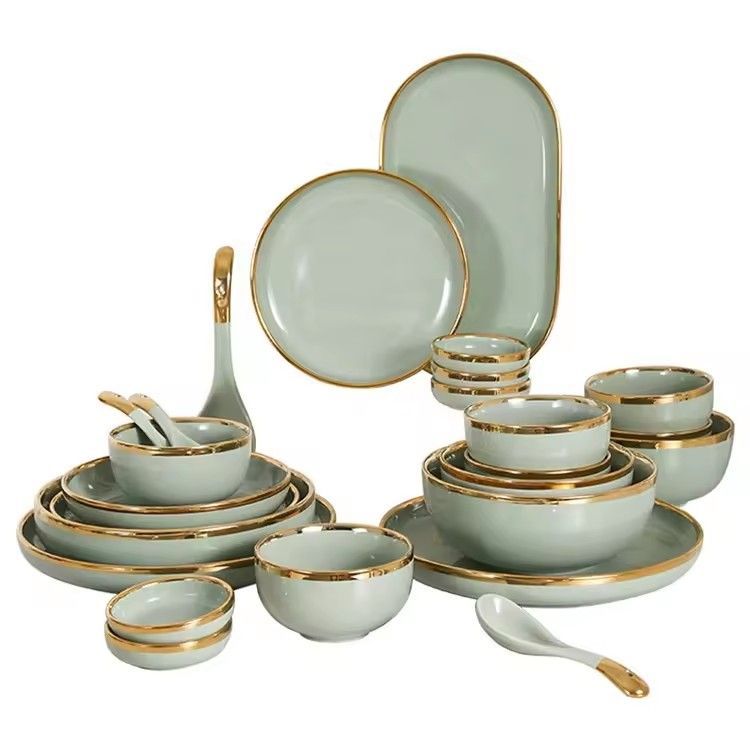 Nordic hotel home 26pcs dinnerware set gold rim matcha green luxury ceramic dinner plates set