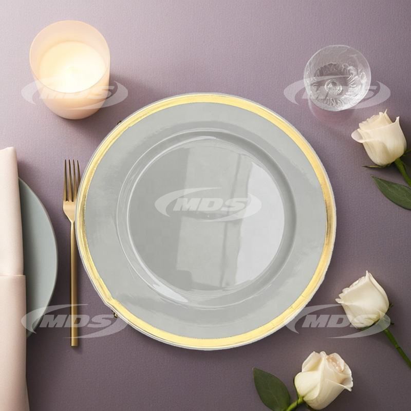 Banquet tabletop decor plastic plate 13 inch round plastic white charger plates with gold rim for wedding part