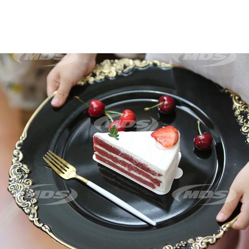 High End Round Shiny Dish Plates Wedding Decoration 33cm Plastic Luxury Black Charger Plates