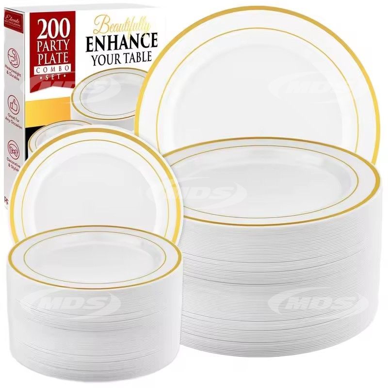 High Quality durable Disposable Plastic Plates with Gold Rim Silverware Everyday Commercial Use-for Restaurants Hotels