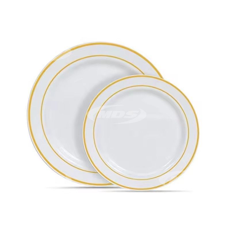 High Quality durable Disposable Plastic Plates with Gold Rim Silverware Everyday Commercial Use-for Restaurants Hotels