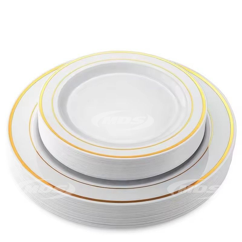 High Quality durable Disposable Plastic Plates with Gold Rim Silverware Everyday Commercial Use-for Restaurants Hotels