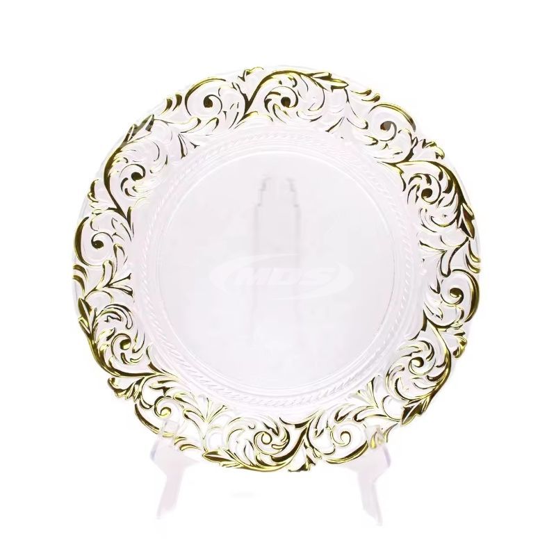 Hot Sale Luxury 13 Inch Gold Rim Clear Plastic Wedding Dinner Decoration Round Server Charger Plate