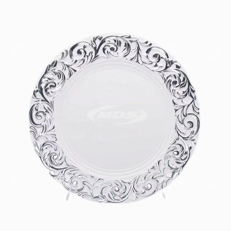 Hot Sale Luxury 13 Inch Gold Rim Clear Plastic Wedding Dinner Decoration Round Server Charger Plate