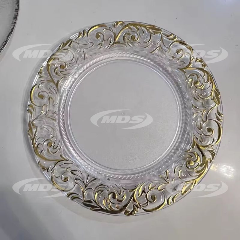 Hot Sale Luxury 13 Inch Gold Rim Clear Plastic Wedding Dinner Decoration Round Server Charger Plate