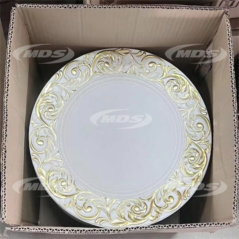 Hot Sale Luxury 13 Inch Gold Rim Clear Plastic Wedding Dinner Decoration Round Server Charger Plate