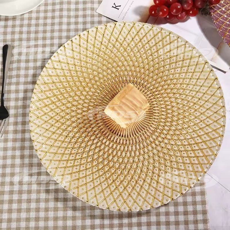 Hot Selling 13inch Gold Electroplating Glass Dinner Charger Plate with Unique Pattern Western food fruit snacks plate