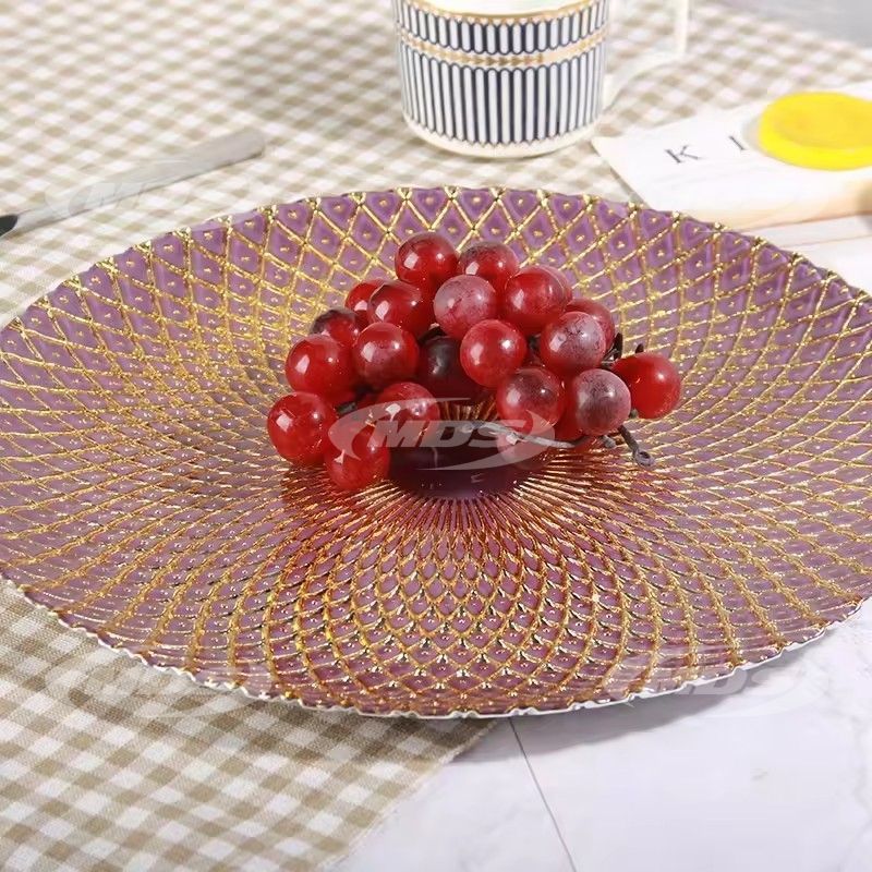 Hot Selling 13inch Gold Electroplating Glass Dinner Charger Plate with Unique Pattern Western food fruit snacks plate