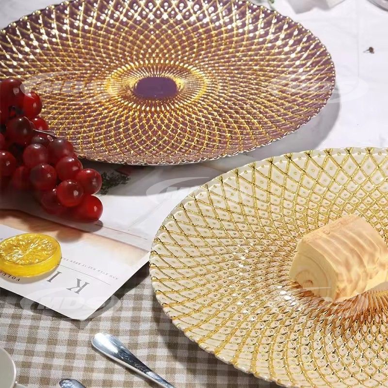 Hot Selling 13inch Gold Electroplating Glass Dinner Charger Plate with Unique Pattern Western food fruit snacks plate