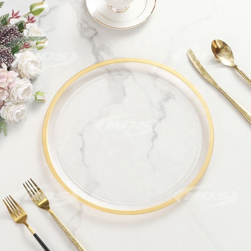 Hotel Restaurant Plate Dining Table Setting Gold Rim Wedding Transparent Plastic Charger Plate