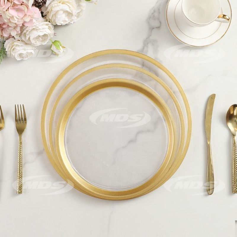 Hotel Restaurant Plate Dining Table Setting Gold Rim Wedding Transparent Plastic Charger Plate