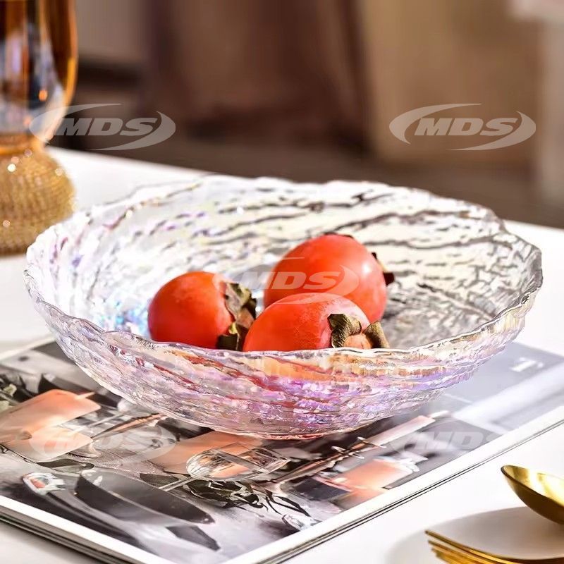 Light Luxury Glass Fruit Transparent Irregular Swirl Plate Large Size Glass Bowl Clear Glass Charger Plate with Gold Rim