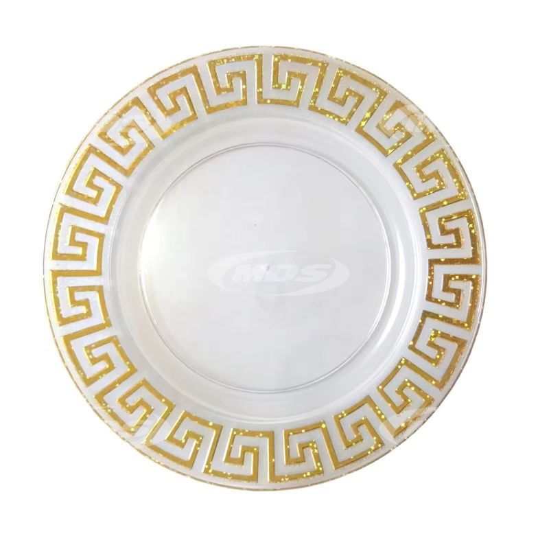 Luxury Modern Transparent Plastic Dishes Party 13 inch Round Golden Ripple Clear Plastic Charger Plate