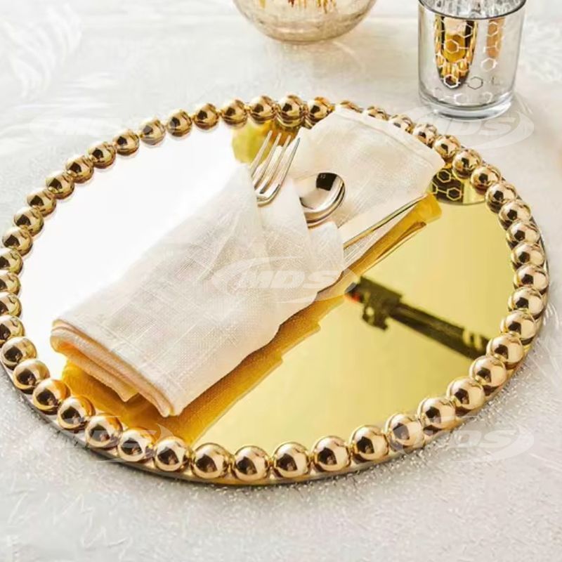 New Design Customized 13 Silver Pearl Beaded Rim Mirror Glass Charger Plates Wedding Dinner Chargers Plate