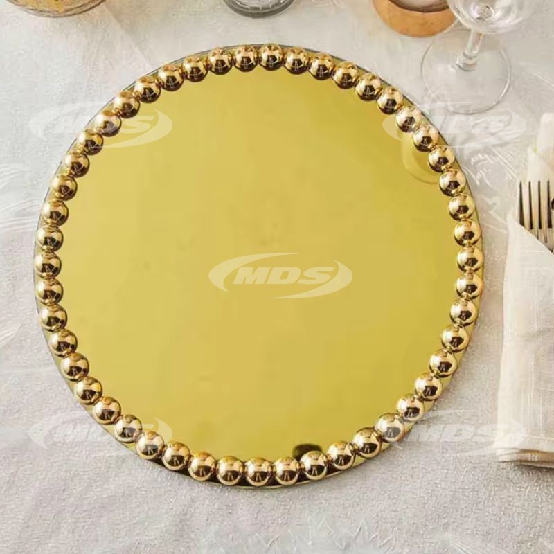 New Design Customized 13 Silver Pearl Beaded Rim Mirror Glass Charger Plates Wedding Dinner Chargers Plate