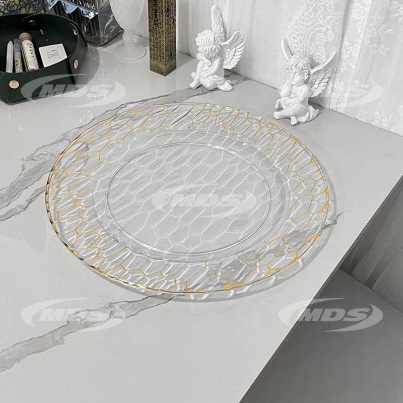 Round chargers plate 13inch wholesale gold rim clear plastic charger plates for wedding