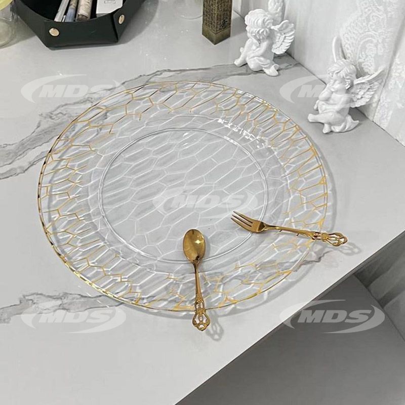 Round chargers plate 13inch wholesale gold rim clear plastic charger plates for wedding