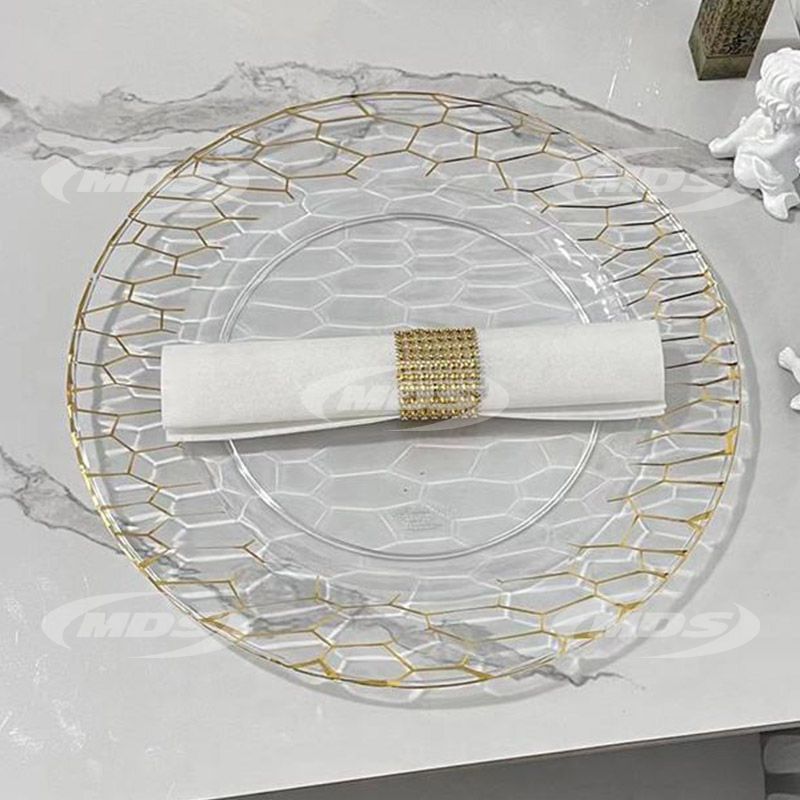 Round chargers plate 13inch wholesale gold rim clear plastic charger plates for wedding