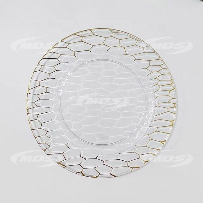 Round chargers plate 13inch wholesale gold rim clear plastic charger plates for wedding