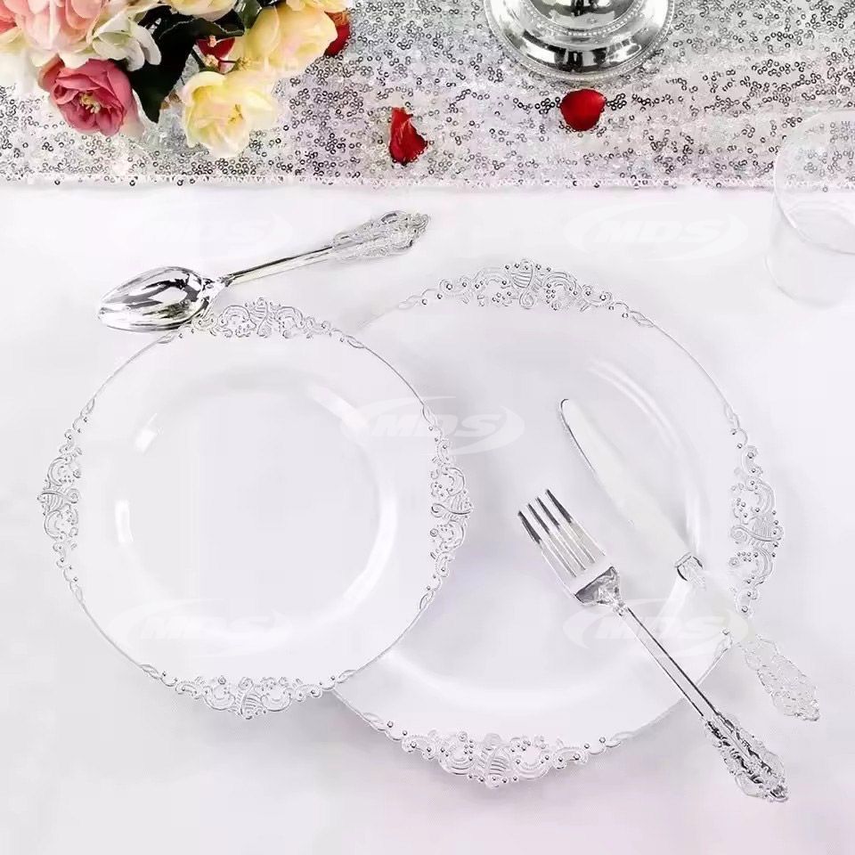 Silver Plastic Plates CHINA DESIGN with Disposable Silverware