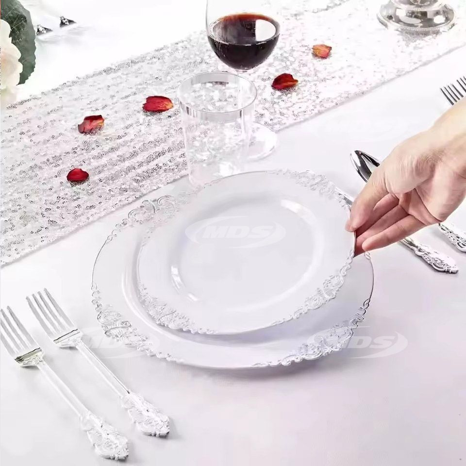 Silver Plastic Plates CHINA DESIGN with Disposable Silverware