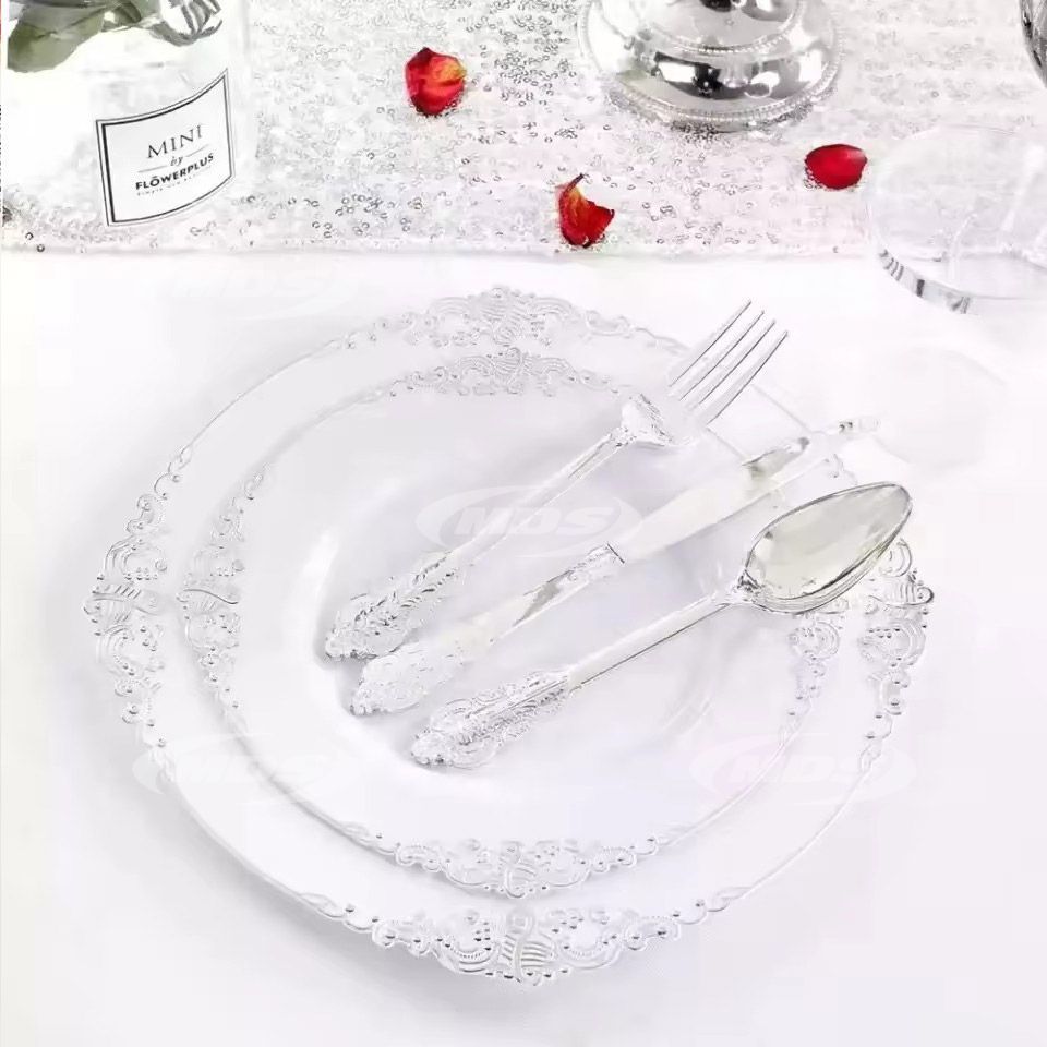 Silver Plastic Plates CHINA DESIGN with Disposable Silverware