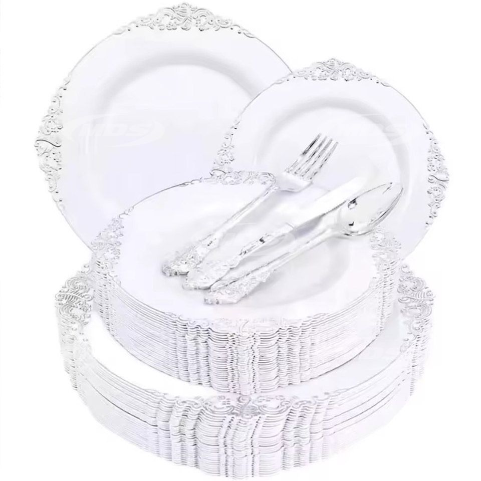 Silver Plastic Plates CHINA DESIGN with Disposable Silverware