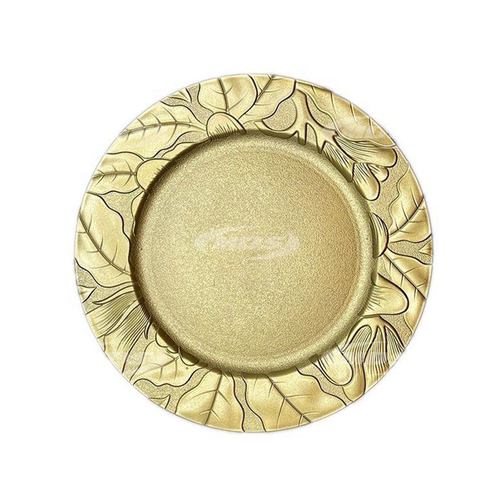 Wedding ceremony tableware luxury plastic plate chargers customized embossed rim under golden plate