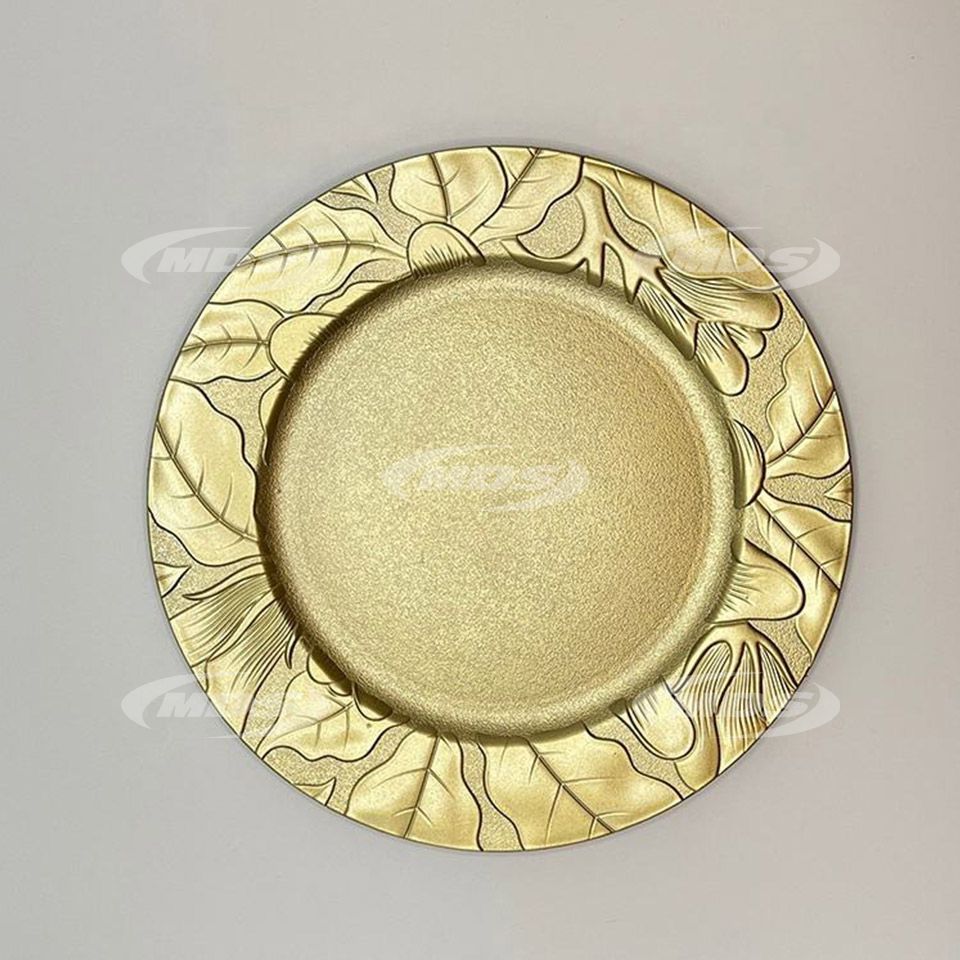 Wedding ceremony tableware luxury plastic plate chargers customized embossed rim under golden plate