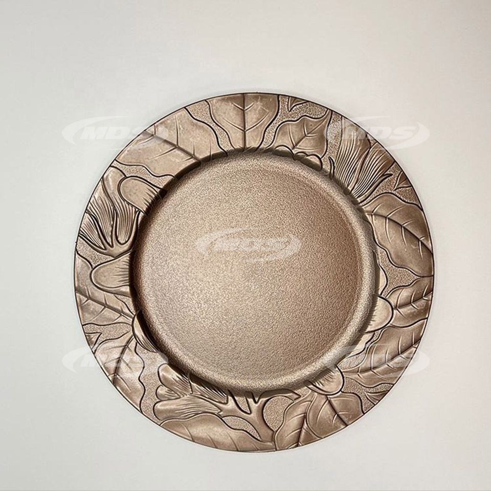 Wedding ceremony tableware luxury plastic plate chargers customized embossed rim under golden plate