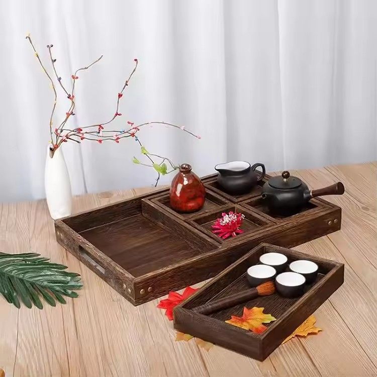 Antique carbonized tung wooden serving trays 7pcs set Japanese style wood tea tray set