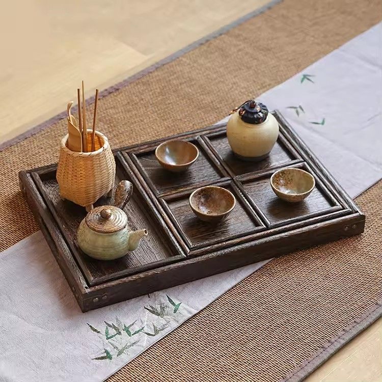 Antique carbonized tung wooden serving trays 7pcs set Japanese style wood tea tray set