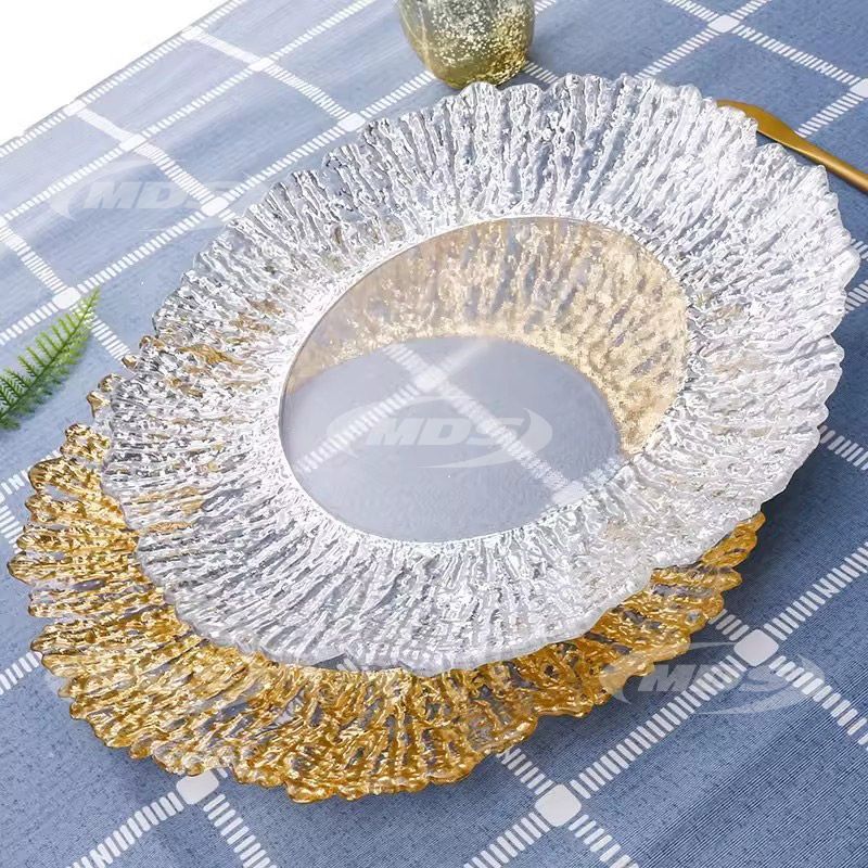 wholesale glass charger plate silver gold rim Tree pattern fruit