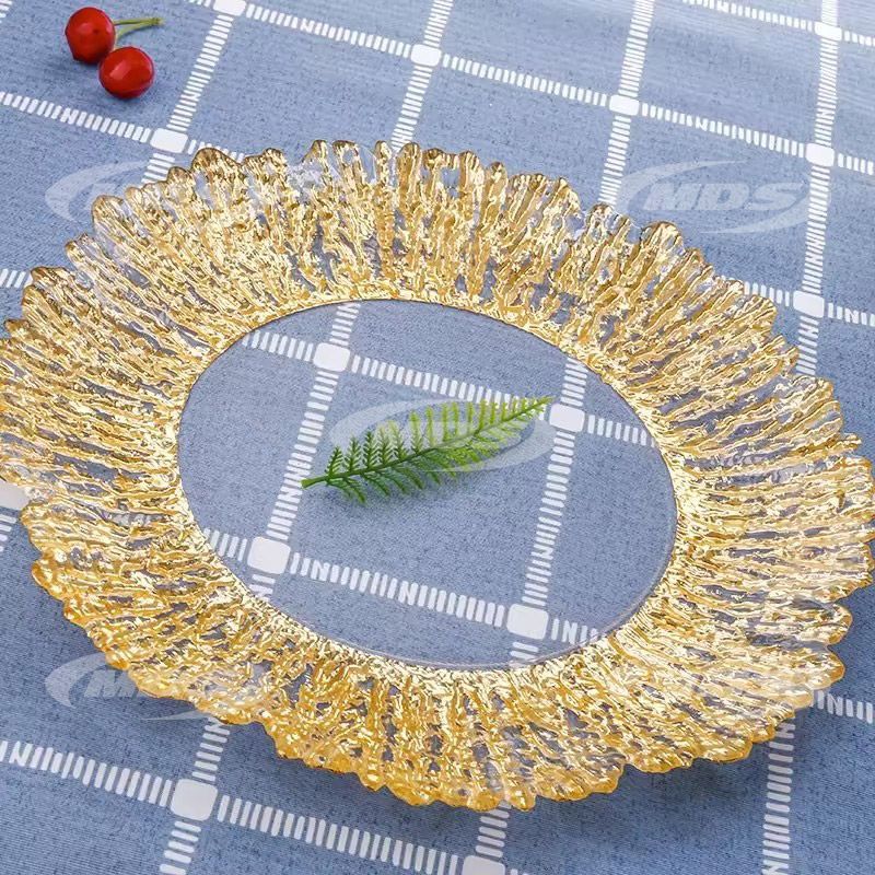 wholesale glass charger plate silver gold rim Tree pattern fruit