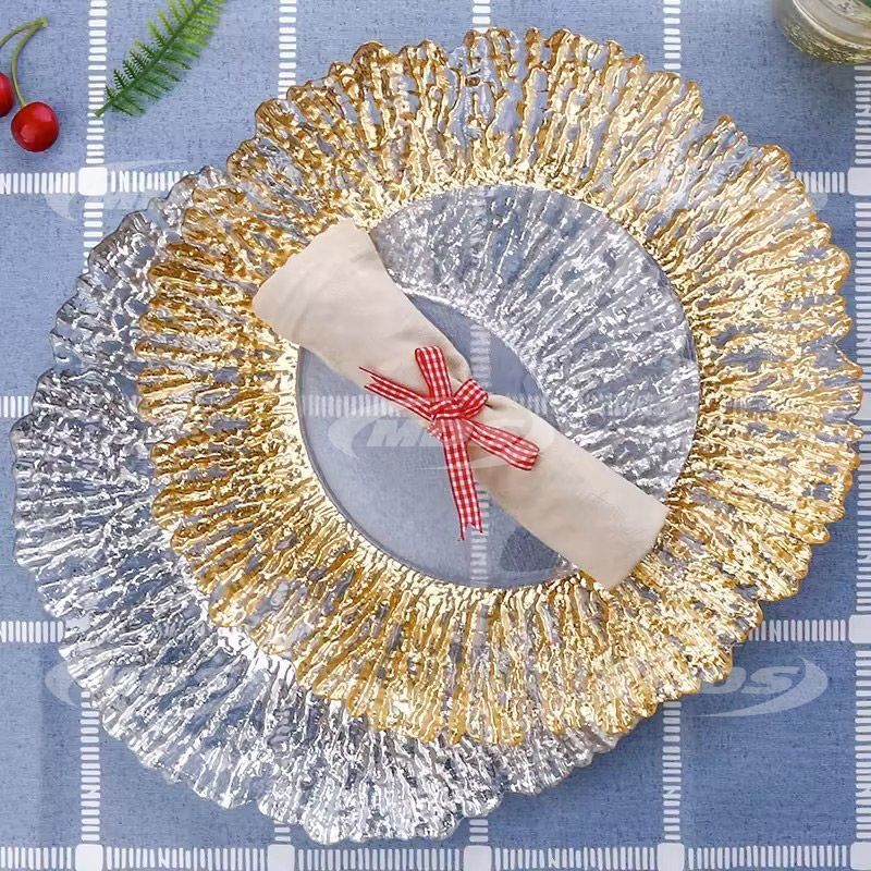 wholesale glass charger plate silver gold rim Tree pattern fruit