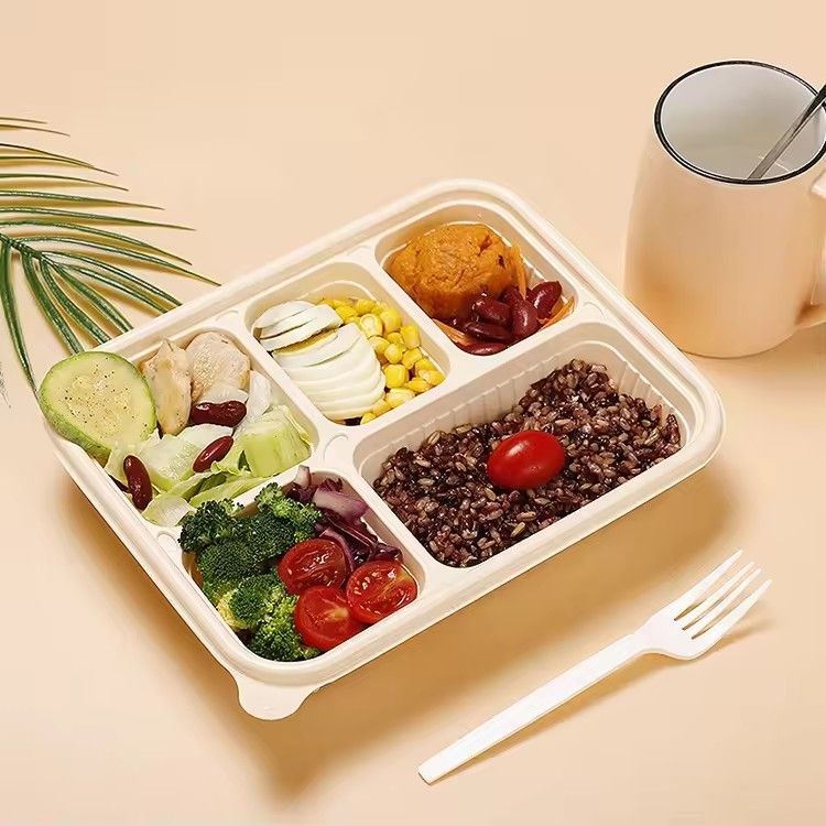 Biodegradable disposable food container packaging box 5 compartment microwave safe takeout cornstarch lunch box